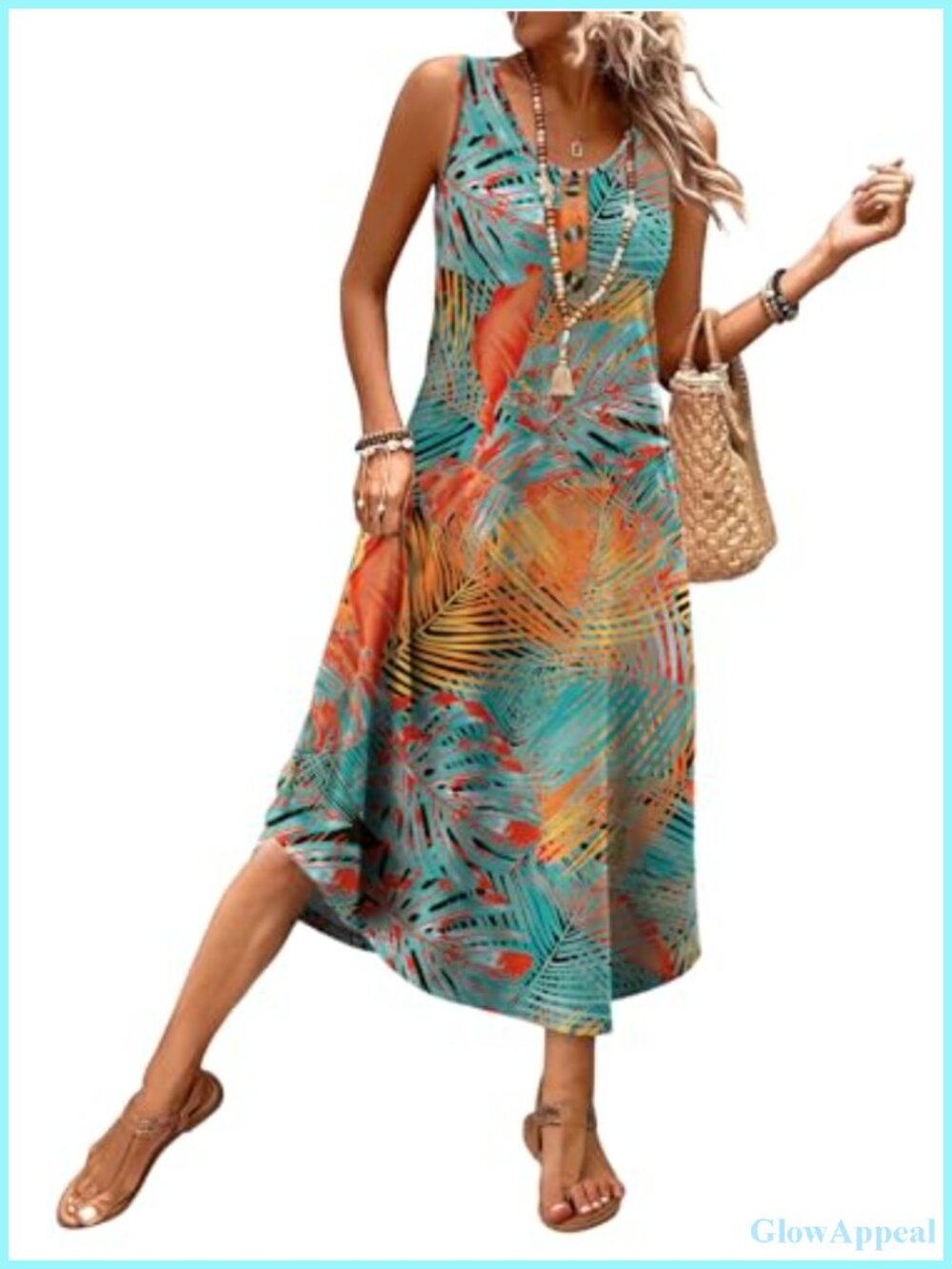 Womens Sleeveless Midi Dress Button Front Casual Beach Sundress with Pockets